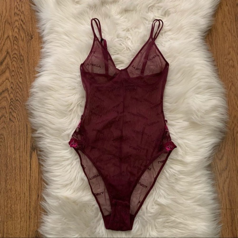 La Perla burgundy lace sexy sheer high cut bodysuit size 34